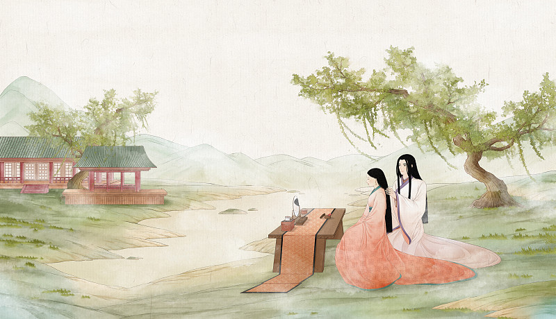 古风中国风壁纸风景山水户外人物梳妆壁纸插画下载