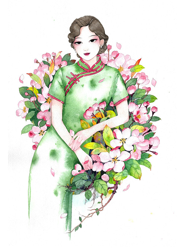 民国旗袍女人与海棠花图片下载