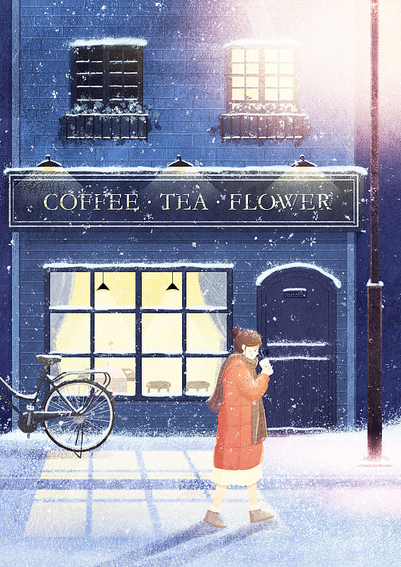 冬天咖啡店女孩喝奶茶街头晚上路灯下雪寒冷棉袄小清新插画图片