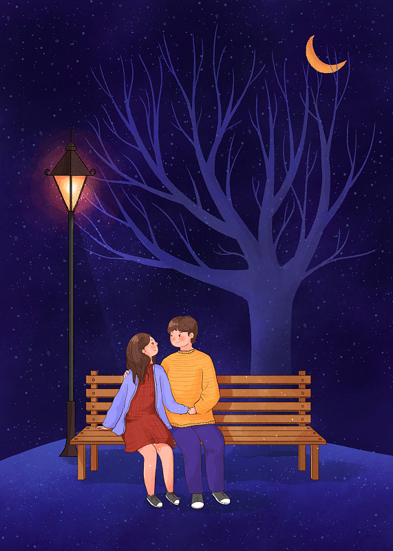夜晚坐在椅子上的情侣插画2下载