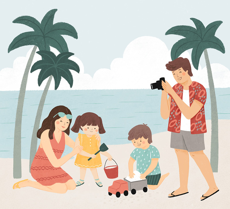 海滨家庭亲子度假玩耍插画下载
