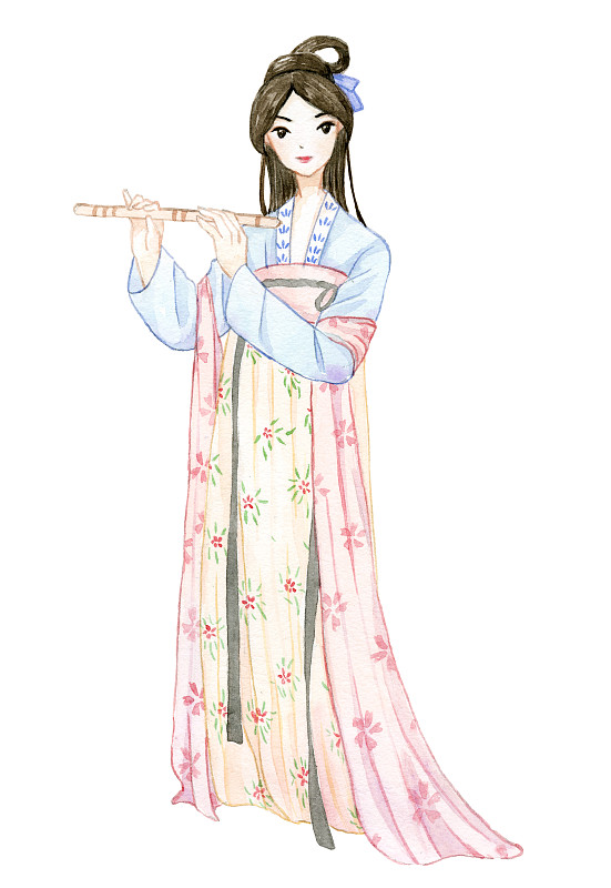 水彩手绘 一个站立的吹笛子的古装少女图片下载