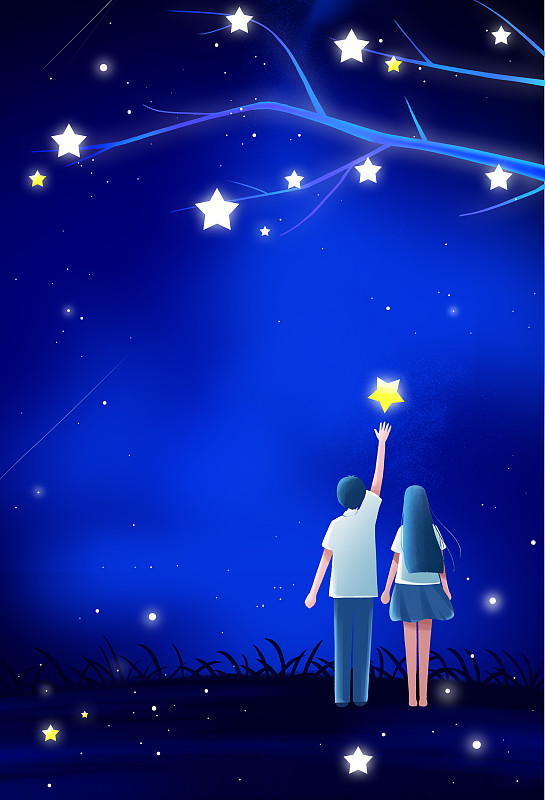 一对情侣站在闪耀的星空下图片下载
