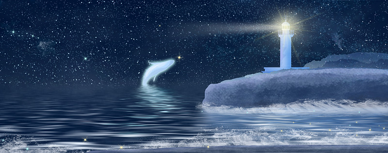 夜晚的星空下星星在闪烁，灯塔照耀远方为迷航的船只指引方向插画下载
