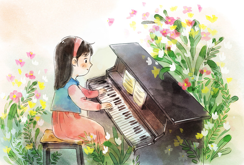 弹钢琴的小女孩水彩插画下载