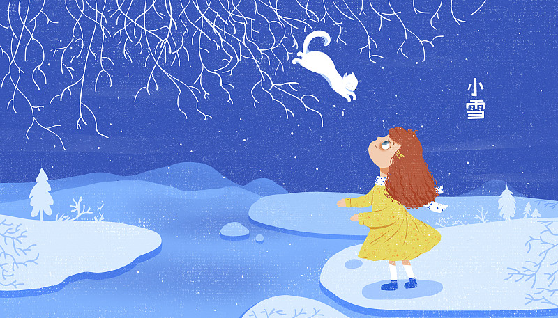 二十四节气小雪插画 蓝色雪地上的女孩和猫玩耍插画图片