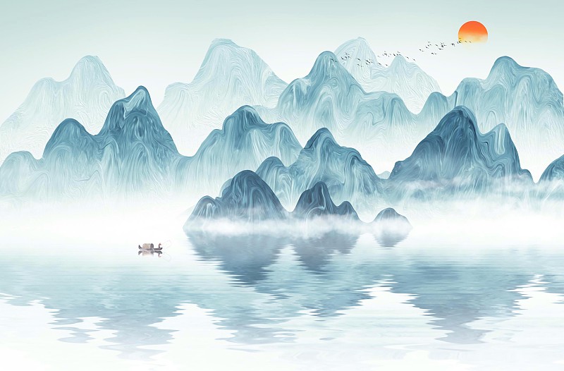 手绘中国风意境水墨山水画图片素材