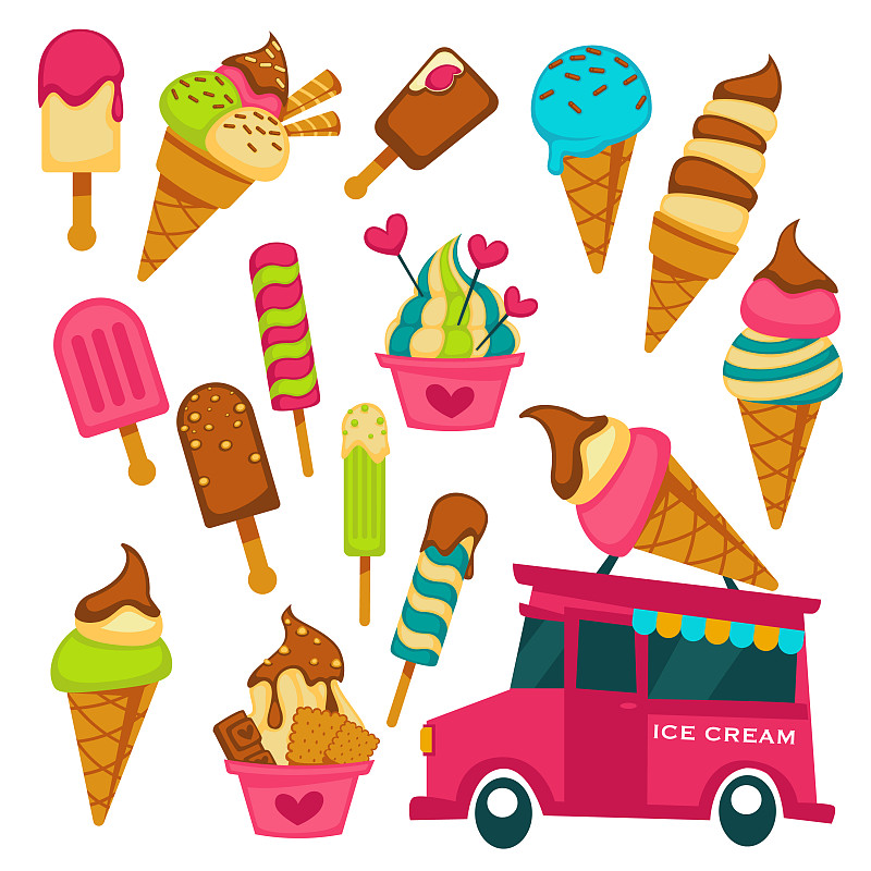 冰淇淋车夏季甜点华夫蛋筒和图片素材