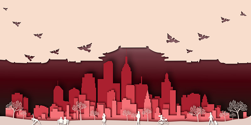 剪纸风红色城市建筑群图片下载