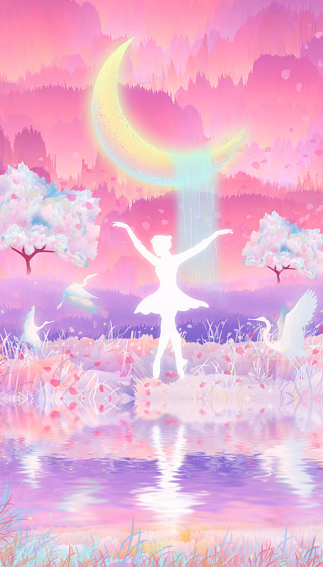 森林里月亮下美丽年轻的少女在跳芭蕾舞插画背景下载