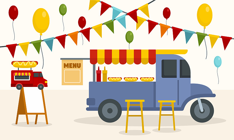 街头餐车概念背景平坦风格图片下载