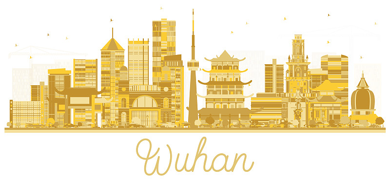 中国武汉城市天际线剪影与金色图片下载