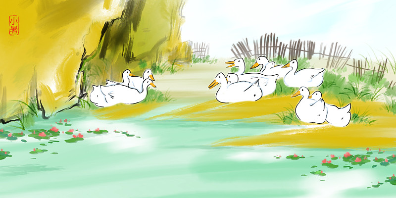 古典水墨画24节气小暑池塘边的白鹅图片素材