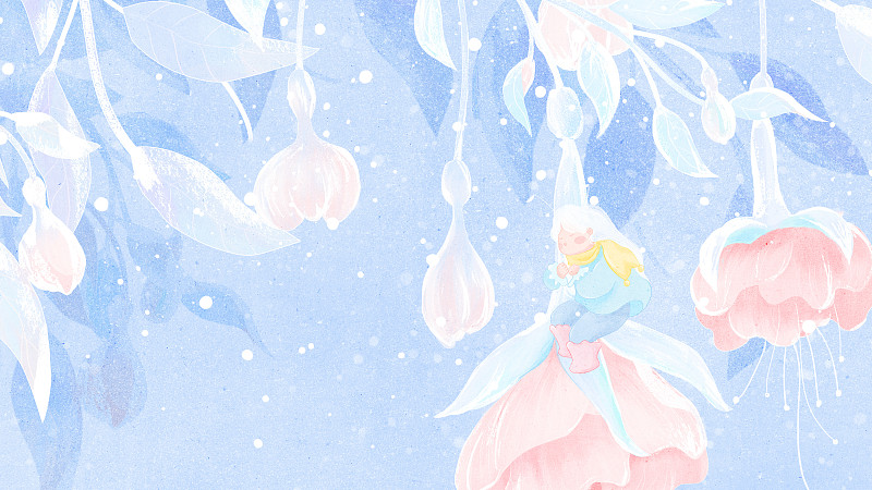 冬季下雪时在花朵上安眠的花精灵手绘插画下载