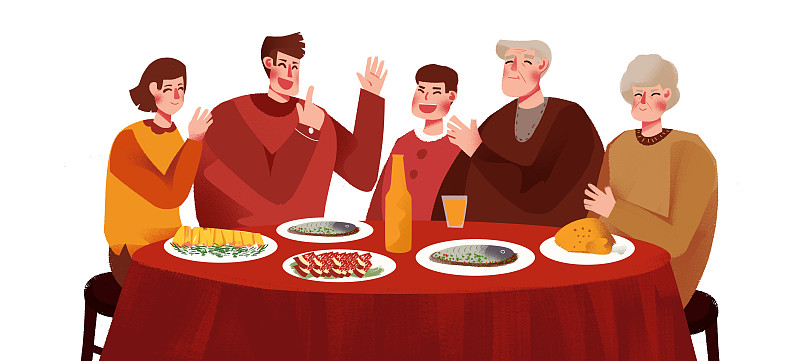 卡通手绘一家人吃年夜饭团圆饭喜庆过年插画图片