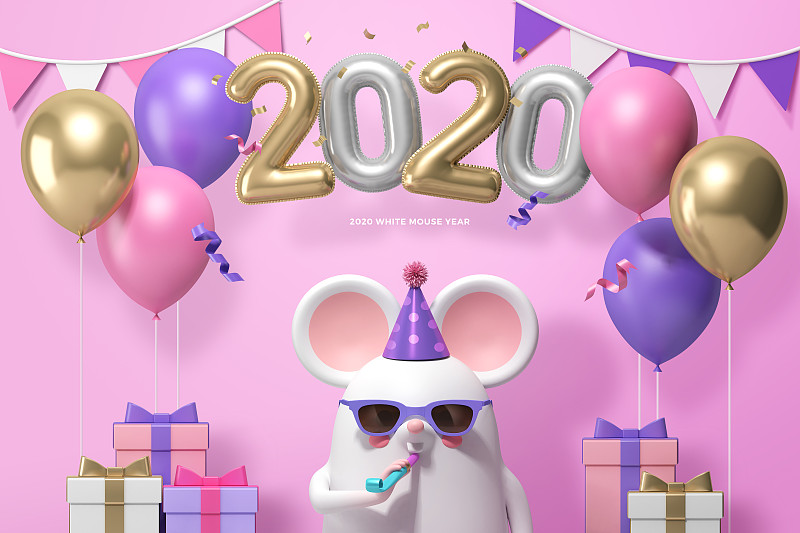 2020年新年快乐，3D逼真人物鼠010图片下载