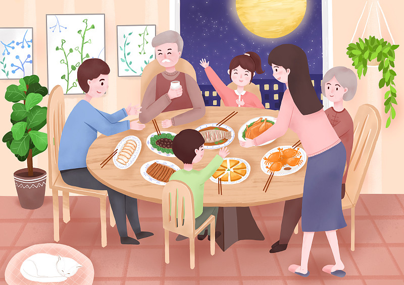 全家坐在餐桌上一起吃饭 手绘插画图片下载