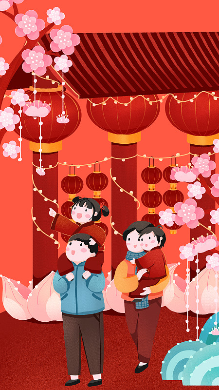 年俗正月十五一家四口元宵节在红木屋檐下赏花灯插画竖版下载