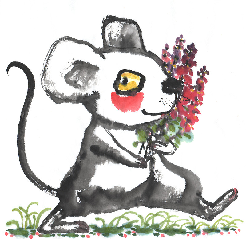 国画水墨插画-抱着花的生肖鼠下载