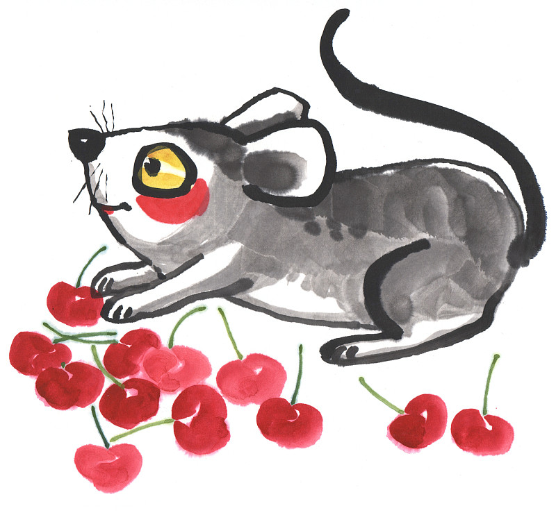 国画水墨插画-樱桃和老鼠图片