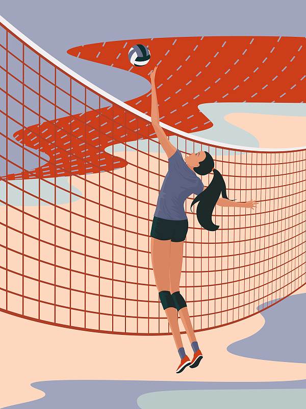 女排运动员跳跃拦网吊球矢量图下载
