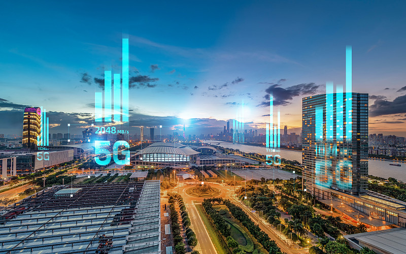 5G网络信号科技快速发展广州琶洲夜景CBD天际线城市建筑经济图片素材