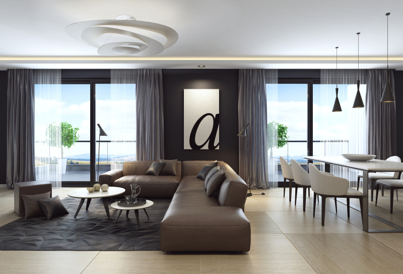 现代黑色豪华公寓与真皮沙发图片素材