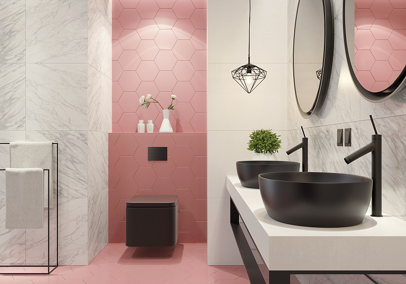 浅粉色蜂窝瓷砖的现代浴室图片下载