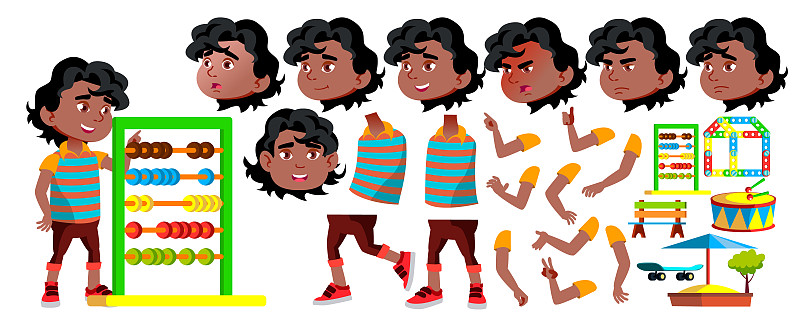 黑人，非洲裔美国男孩幼儿园儿童向量。动画创作集。面对情感,手势。友好的小孩子。演示，打印设计。动画。孤立的卡通插图图片下载