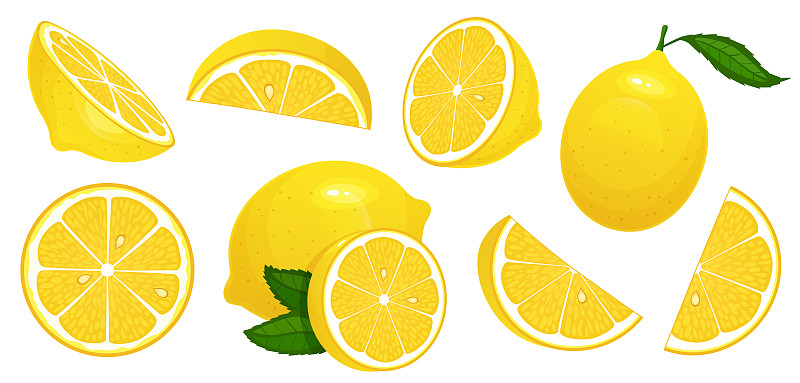 柠檬片。新鲜柑橘，半切片柠檬和切碎的柠檬孤立卡通矢量插图集图片素材