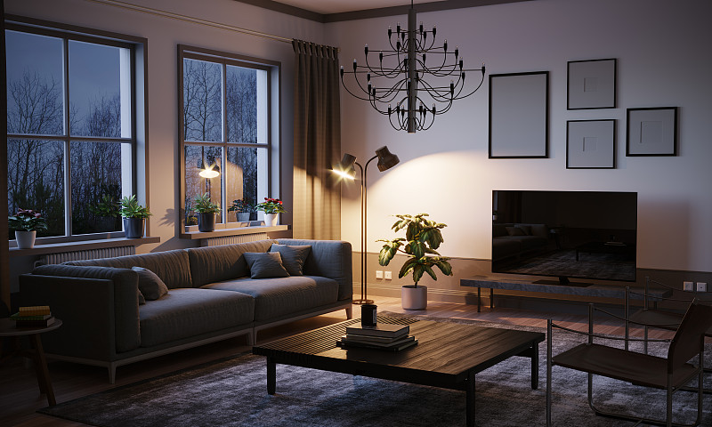 斯堪的纳维亚风格的晚上客厅图片素材