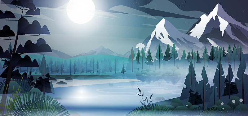 湖滨山林中夜晚月光皎皎图片下载