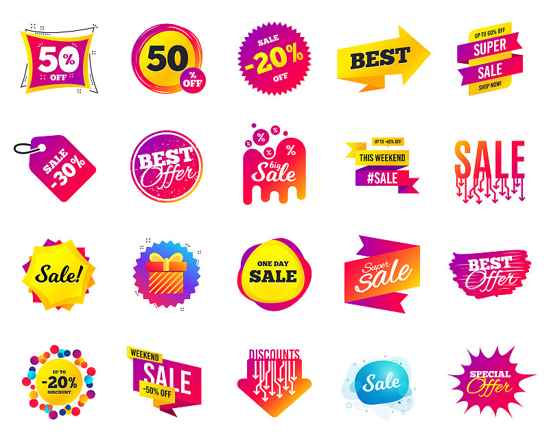 Sale banner. Special offer template tags. Cyber monday sale discounts. Black friday shopping icons. Vector图片素材