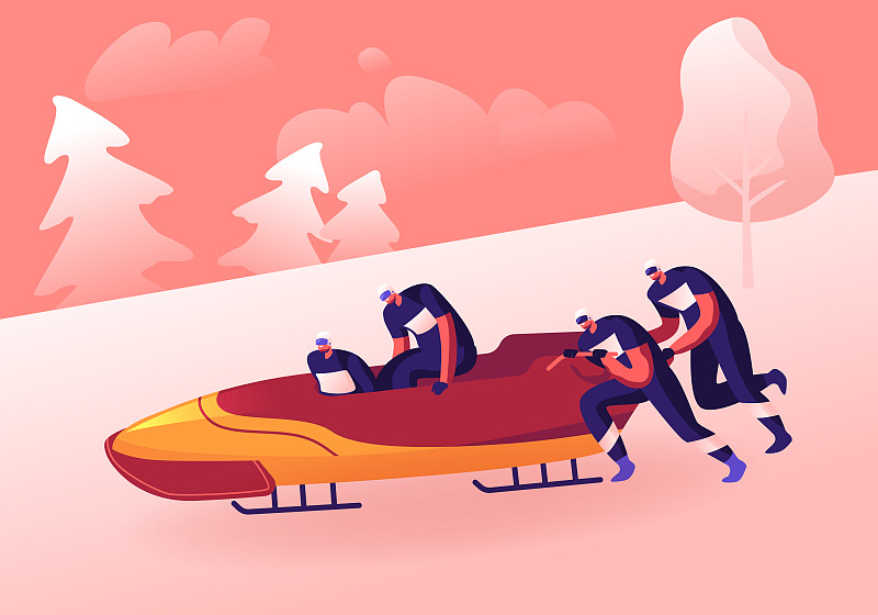 四人有舵雪橇队推鲍勃和滑下山在冬季运动比赛。世界杯比赛国际锦标赛冬季雪橇运动卡通平面矢量插图图片素材