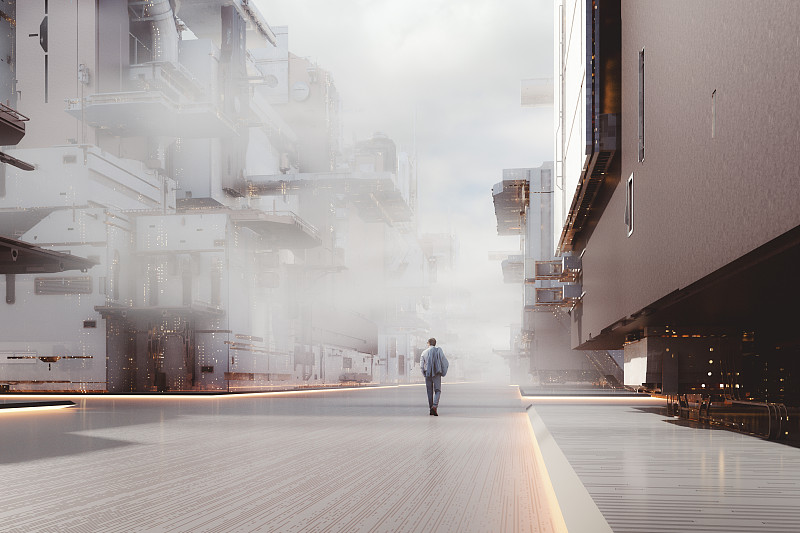 未来的明亮城市街道与孤独的商人行走图片下载