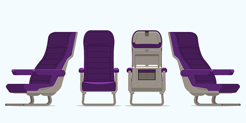飞机座位的不同角度。扶手椅或凳子在前视图，后视图，侧视图。家具图标为平面运输室内设计风格。向量。图片下载