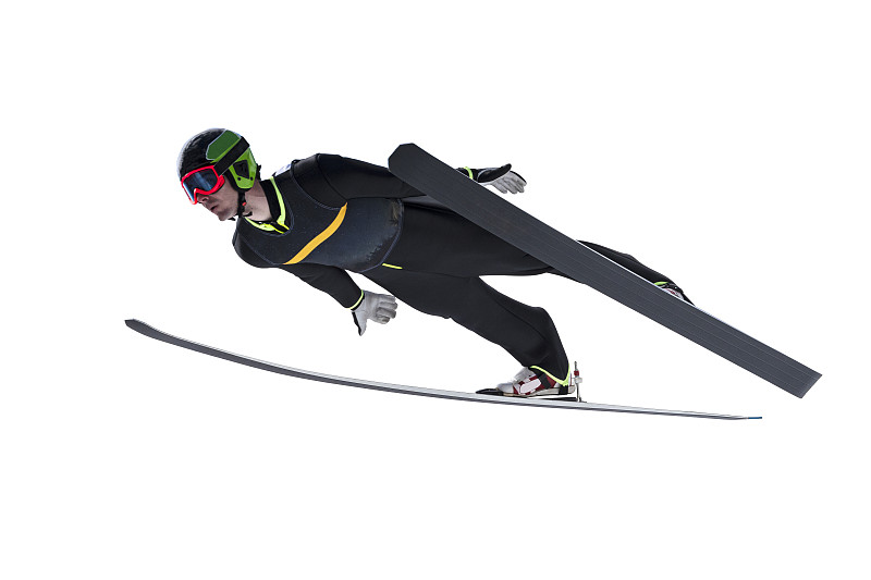 正面视图的男子跳台滑雪在半空中，孤立的白色图片下载
