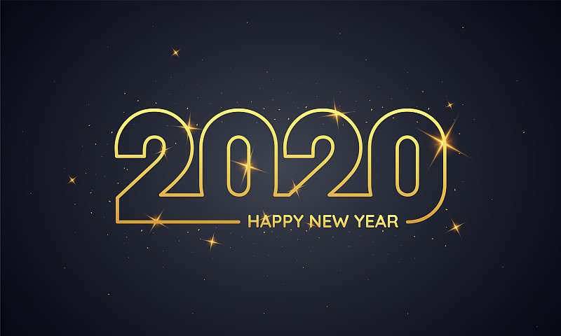 金色新年2020文字与灯光效果在黑色背景。图片素材