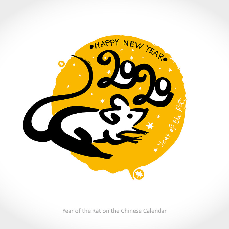 在黄色圆形邮票的背景上手写老鼠2020。鼠年是中国农历的新年。图片下载