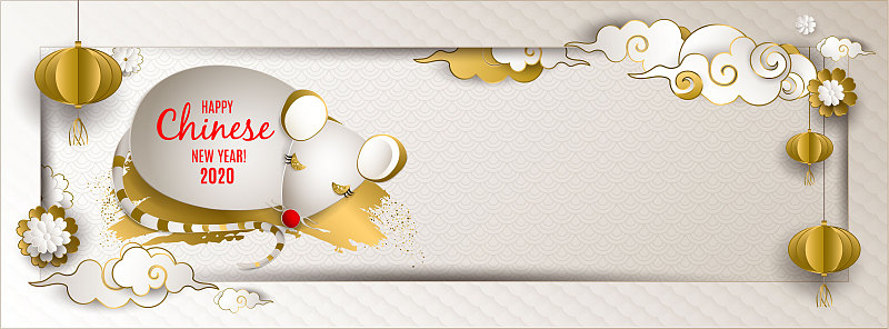 鼠年春节快乐。横幅:白色和金色的鼠标，云，灯笼，花在光的背景。为封面社交网络，贺卡，海报，请帖。矢量图素材