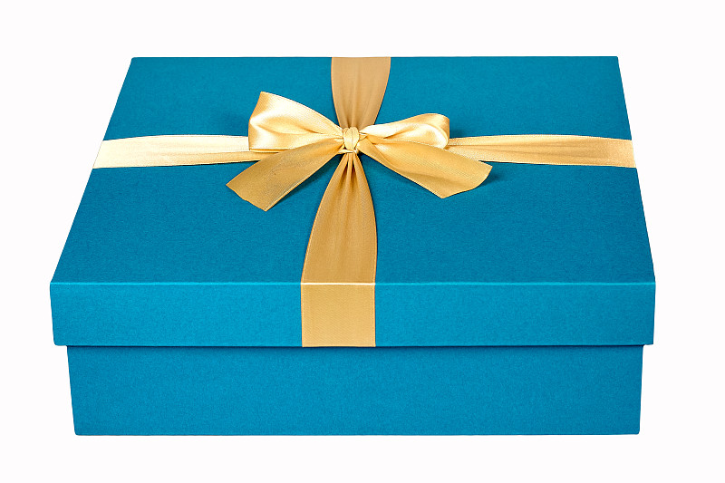 优雅的蓝色硬纸板礼盒与一个金色的蝴蝶结图片下载