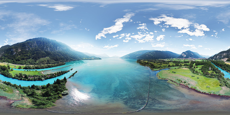 美妙的360°鸟瞰图图恩湖因特拉肯，瑞士图片下载