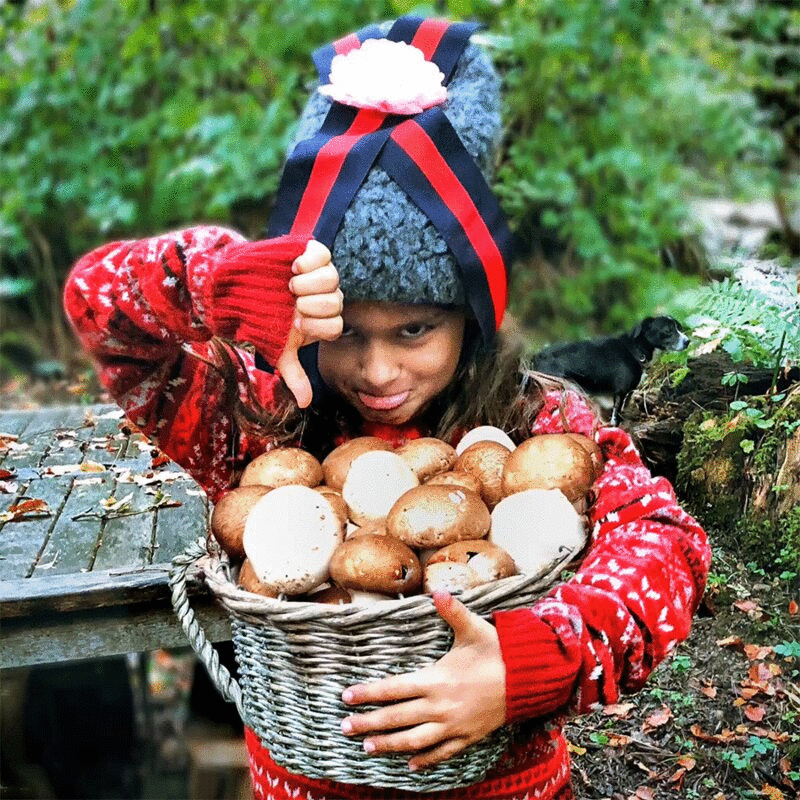 拿着蘑菇篮子的女孩做拇指向下的手势图片下载