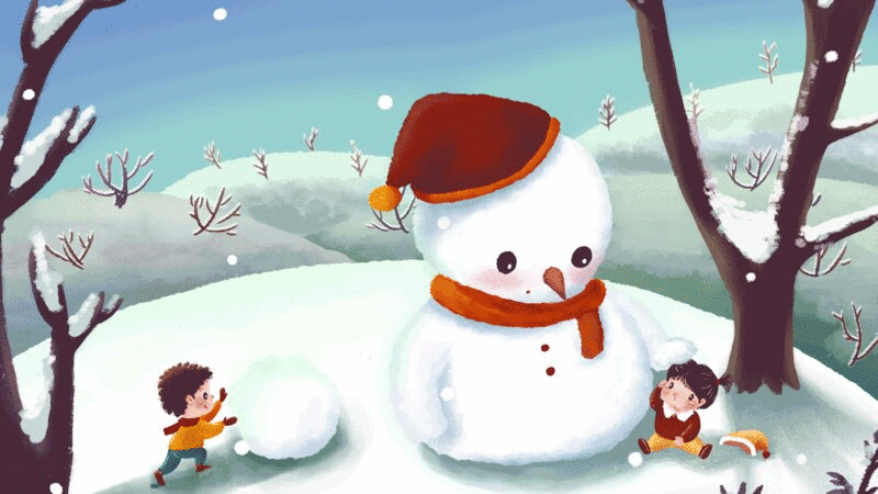儿童插画动图滚雪球堆雪人图片下载