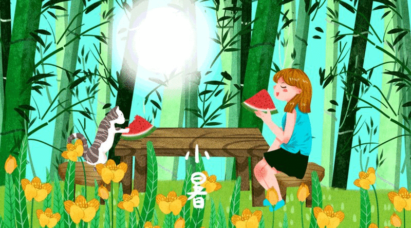 猫与女孩生活二十四节气之小暑插画动图图片下载