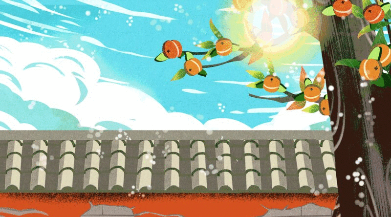 秋天霜降柿子树落下的果实插画动图图片下载