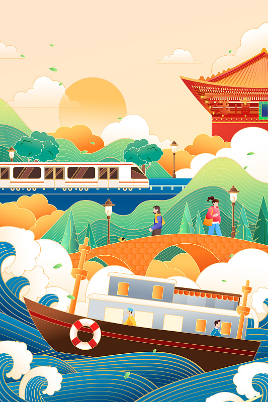 卡通新年回家春运高铁动车城市出行礼包活动中国风矢量背景插画下载