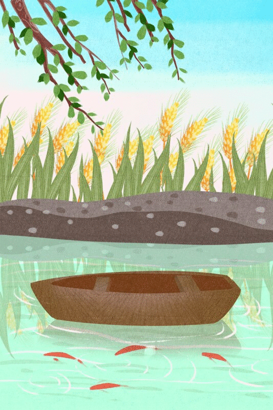 河水边的稻田插画GIF动图图片下载