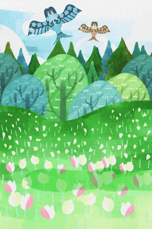 春天绿色的田野放飞风筝插画GIF动图图片下载