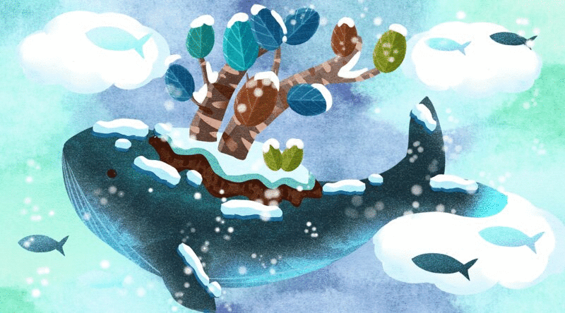 四季之冬天蓝色天空中飞过的鲸鱼插画GIF动图图片下载
